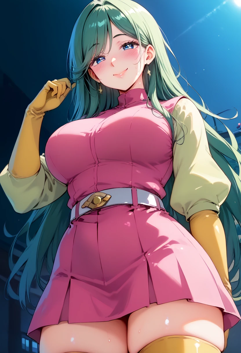 Kanna Blaster Master, floral fauna, female, fully clothed), toon, huge chest, smile, green hair, long dress, whole body, smile, open mouth, long hair, portrait, walking