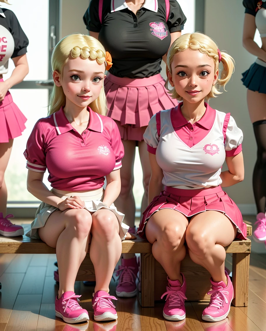 Anime style, Painting, absurderes、perfect anatomia、Bulma、bra very、Bra visible from clothes、Braline、breastsout、short hair, Classroom、cleavage of the breast、clavicle、desk、From above、big breasts, on desk, pleatedskirt, School Desk, student clothes, see -through, The shirt, sitting on, Sitting on a desk, skirt by the, solo, thighs thighs thighs thighs, red blush, ssmile