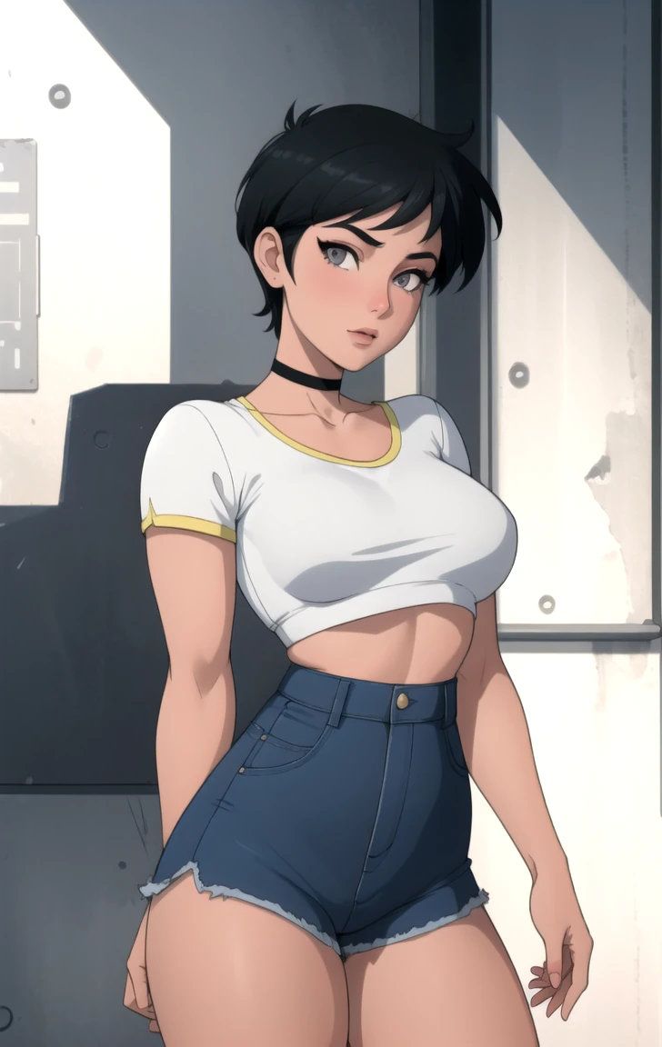 ((ultra quality)), ((masterpiece)), Lois Lane, ((black short hair tomboy hairstyle)), (Beautiful face), (beautiful female lips), charming, ((sexy facial expression)), looks at the camera, eyes slightly open, (Dark skin color), (dark skin), glare on the body, ((detailed beautiful female eyes)), ((dark brown eyes)), (juicy female lips), (dark eyeliner), (beautiful female hands), ((ideal female figure)), ideal female body, beautiful waist, gorgeous thighs, beautiful medium breasts, ((subtle and beautiful)), sexy worth (), (White shirt, Black jeans) background: office, ((depth of field)), ((high quality clear image)), (clear details), ((high detail)), realistically, professional photo session, ((Clear Focus)), anime