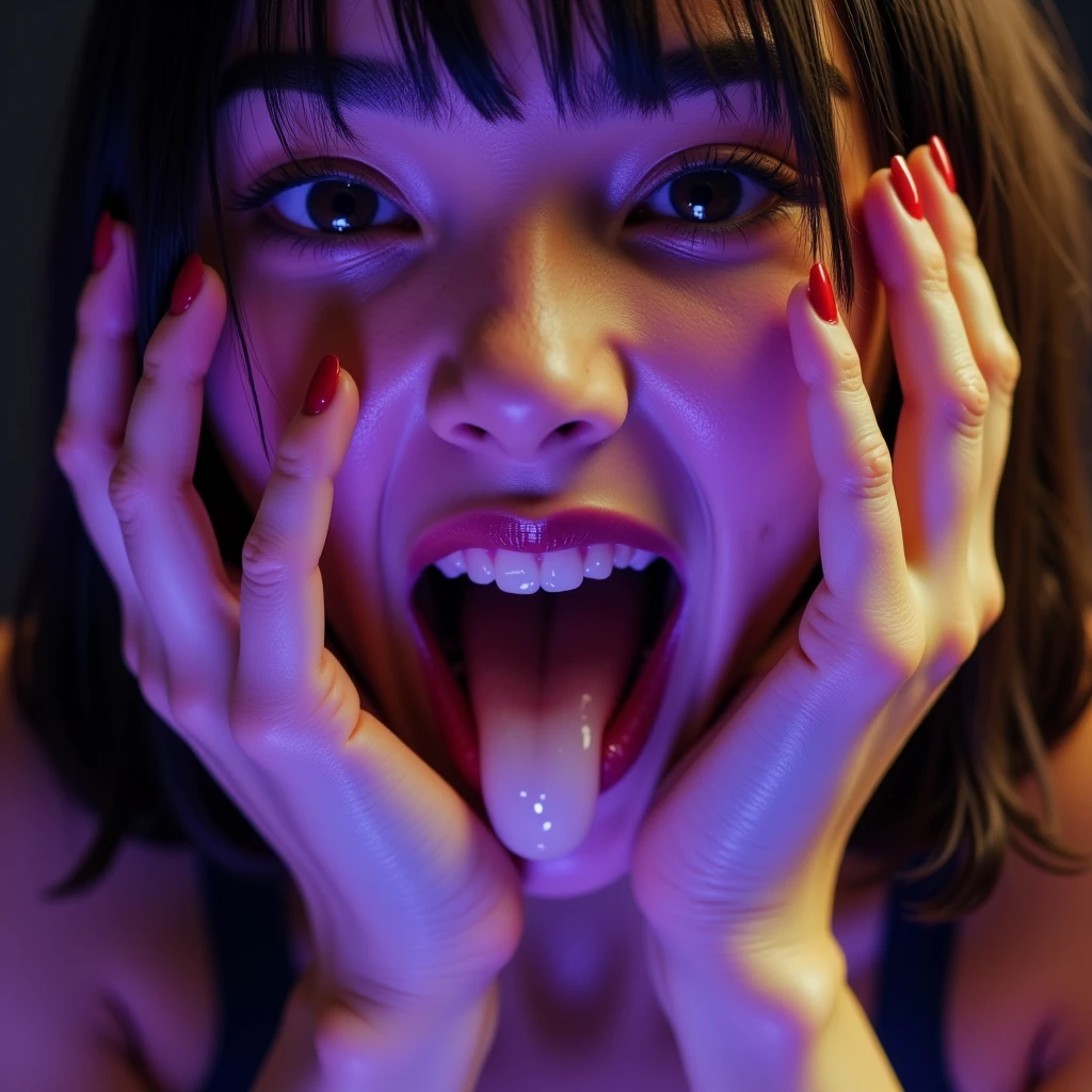 close-up of the woman's mouth、Hands on cheeks、translucent, milky white mucus in the mouth,  expression, purple and yellow lights, anatomically correct, detailed hands, Digital illustration, 3d rendering, niji_flux2, anatomically correct