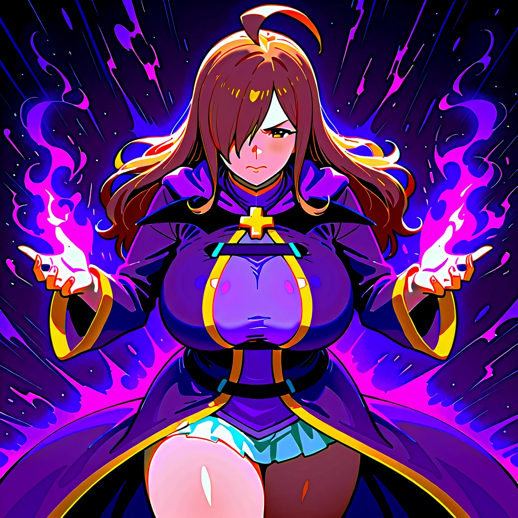 A female monster in red clothes, red hair, seductive purple eyes and a crazy smile is chasing after me with a knife in a red magic circle on a dark road at night