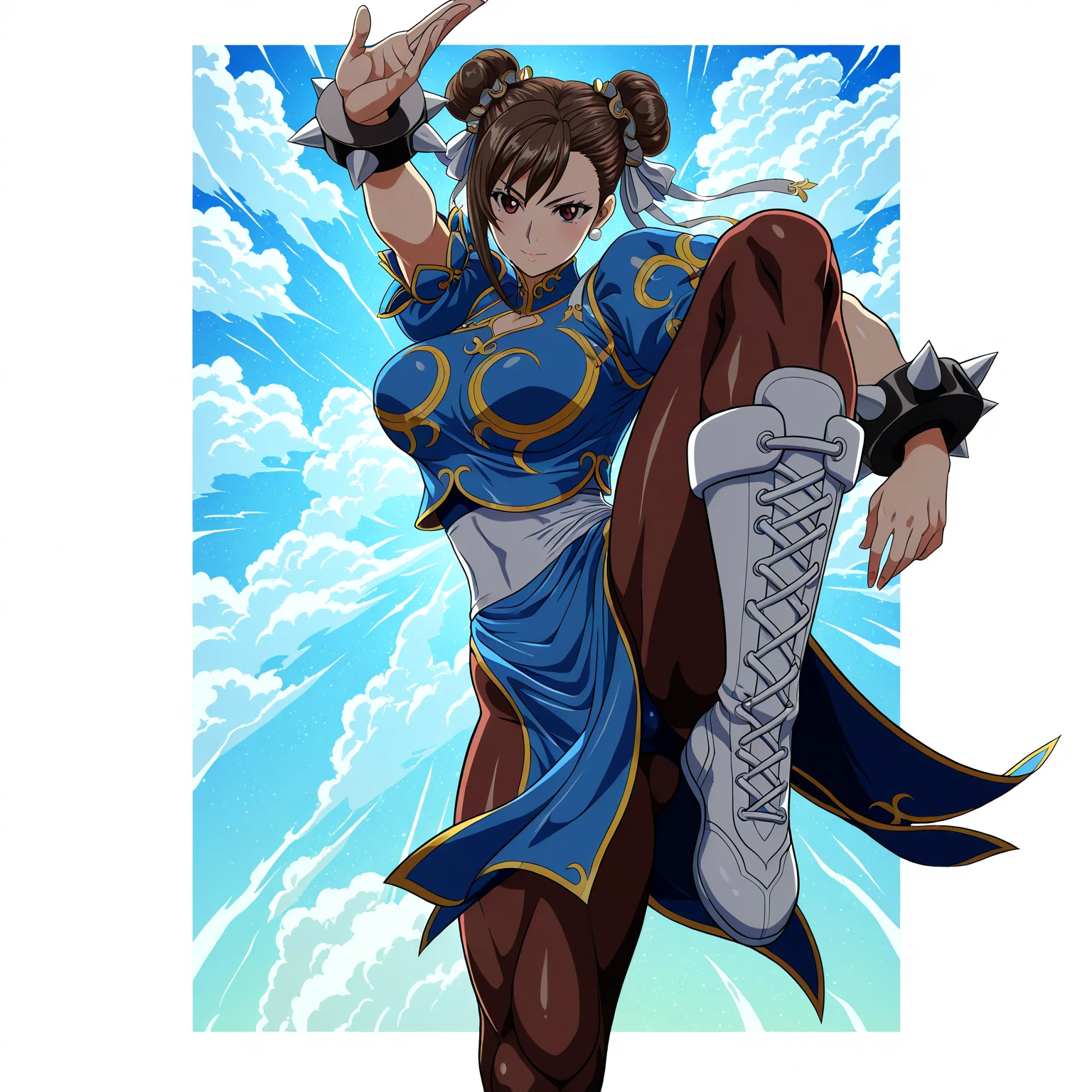 Por favor, crea una imagen de Chun-Li, an iconic character from the Street Fighter video game series, en estilo pixel art. The image must capture its essence and distinctive characteristics: dynamic pose: Chun-Li must be in a dynamic combat pose that highlights her agility and strength. Puedes optar por su famosa patada alta o una postura de combate. Ropa Tradicional: She must wear her signature outfit, including a blue qipao with gold details and white belt. Be sure to include her spiked bracelets and tall white boots. Detalles Faciales: Intenta capturar su rostro con la mayor cantidad de detalles posible en el estilo pixel art, including her unique hairstyle with bows and ribbons, her hair and eyes brown. Colores Vibrantes: Utiliza una paleta de colores vibrantes para que la imagen se vea llamativa y fiel al personaje del juego.