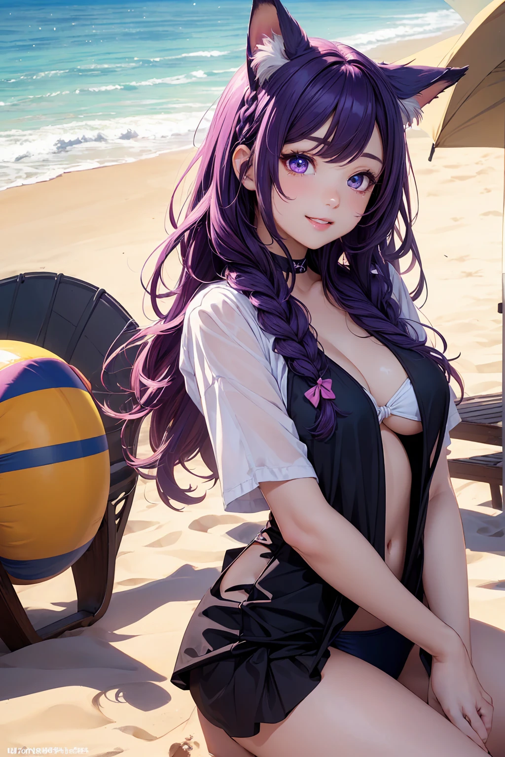 A beautiful girl, high quality, real details, color details, face details, eyes details, intricate details, smile face, smooth glowing skin, 3D image, medium contrast, cinematic lighting, realistic, masterpiece, 8K, thin face, front bangs hair, long hair with purple color, purple eyes, smiling, pink mouth, swimsuit, wet body, large breast size, 2 hands, 5 fingers, sexy, open mount