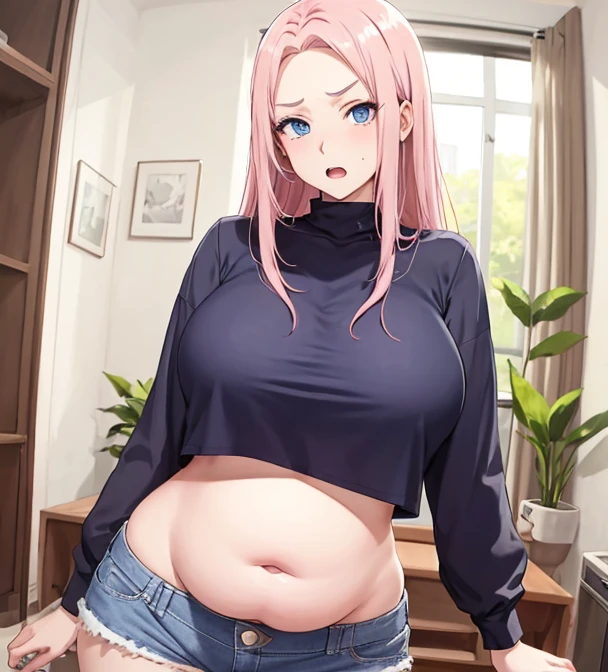 Young girl sitting on the bed with a suggestive posture, very wide hips and fat, juicy thighs, waist-length pink hair, black glasses, big blue eyes, tight black sweater that highlights her breasts even more, tight pink thong, tight and marked pussy.