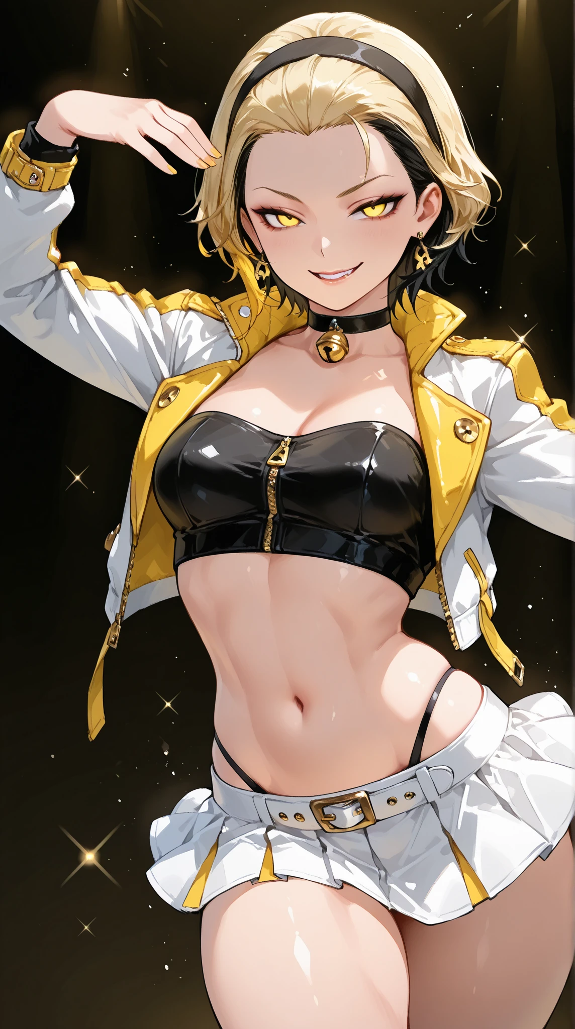 baby face, short gold hair,curly hair,wavy hair, (photorealistic:1.4), (masterpiece, sidelights, exquisite beautiful eyes: 1.5), masterpiece*portrait, realistic, 3D face,kawaii face,front view: 1.5、 (glowing green eyes:1.2),plump face:1.5,(tareme:1.5)、(sad smile:1.2),Rosy Mouth,Slim Body,abs, shiny hair, shiny skin: 1.5、large breasts:1.3,solo,(sit)、(cutout between underboob and crop top)、(charactor focus:1.5、portrait)、upper body,