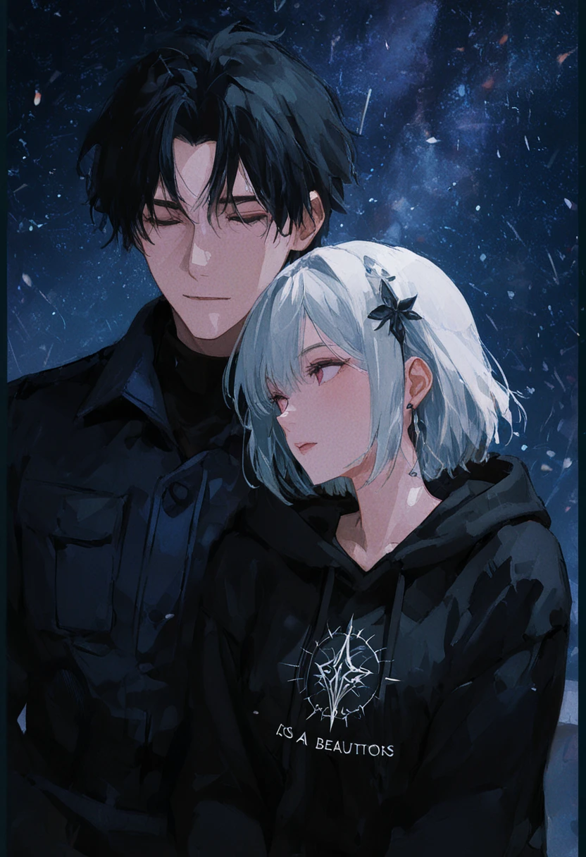Beautiful anime art: divine couple: a cold girl with silver hair in a blue and white flowing dress and a dark strong man with black hair in scarlet and black flowing clothes