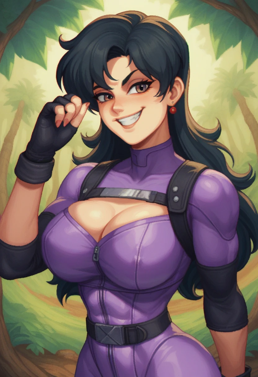 candid shot, woman warrior in her early twenties is training alone in the jungle, short hair, dark purple hair, yellow eyes, lips, tan skin, sweaty skin, soaked, raining, upper body, hips, aesthetic body, toned abs, wearing primitive looking clothes, (insanely detailed, beautiful detailed face, masterpiece, best quality)