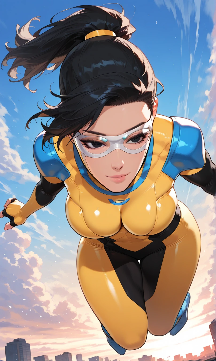 young girl, Long brown hair, high ponytail, Cyan eyes, Blue and yellow superhero uniform, Masterpiece, hiquality