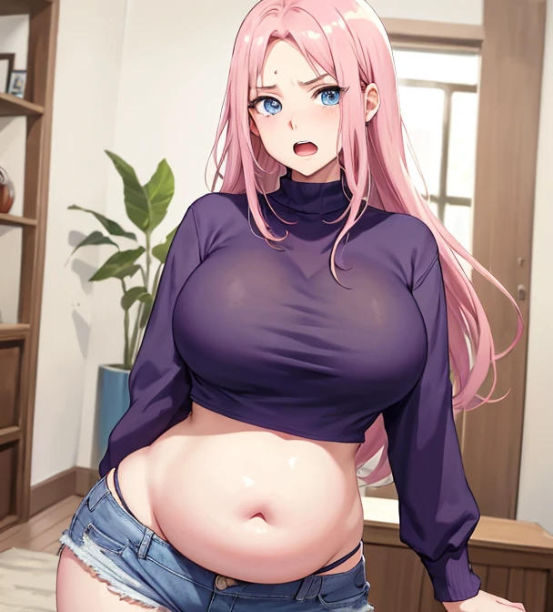 super breasts、pink long hair、thick thighs、8K, 4K, highest quality, High resolution: 1.2)、cute anime face、noise removal、full body portrait、shining blue eyes、gentle smile、round、wearing a headband、naked、Standing position、T-back that digs into your butt、naked足、abs、arm muscles、Leg muscles、in the bedroom、(((calvin klein underwear)))