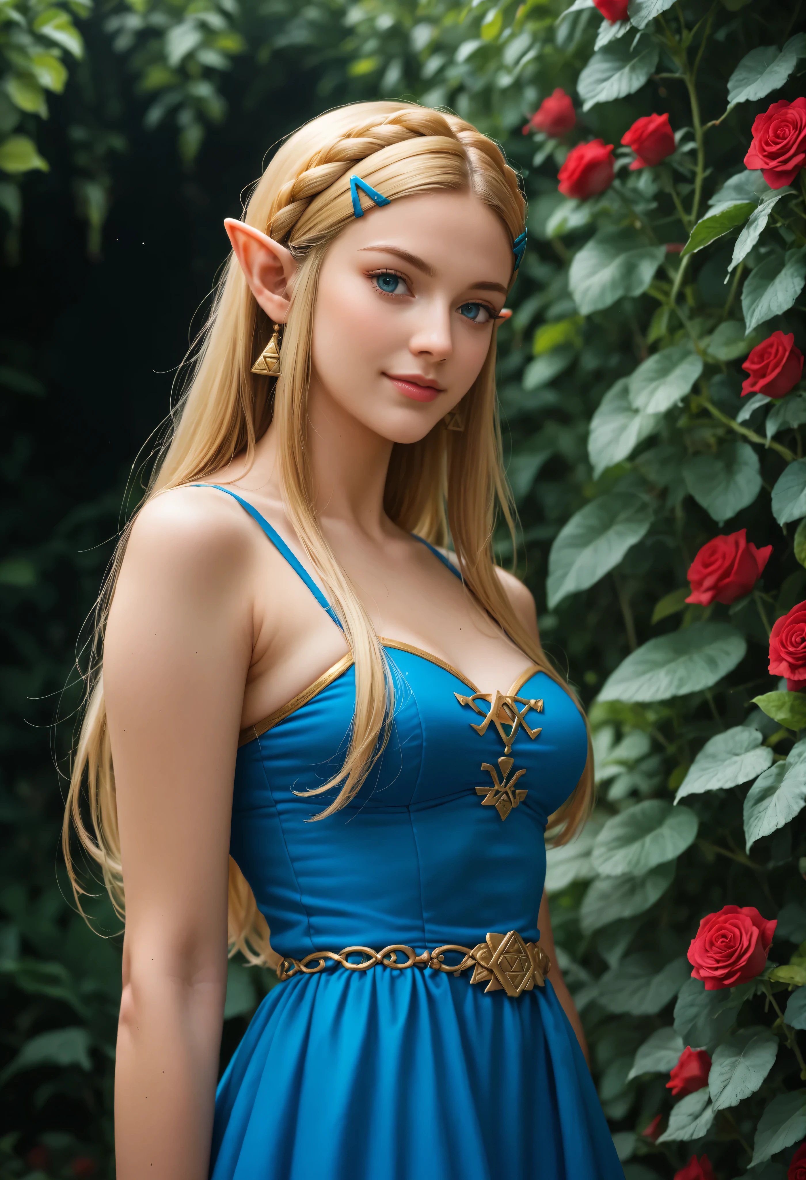 score_9, score_8_up, score_7_up, zPDXL, ,source_anime,sexy Princess Zelda, 20 years old, half body portrait, (blonde hair:1.2), big blue eyes, long hair, modest smile, seducing viewer, royal dress, Triforce, Hylian symbols, roses, from below, air of superiority, golden tiara, flowers, plants, cinematic lighting, golden archhighly detailed, high quality, realism, realistic, illustration, anime, masterpiece