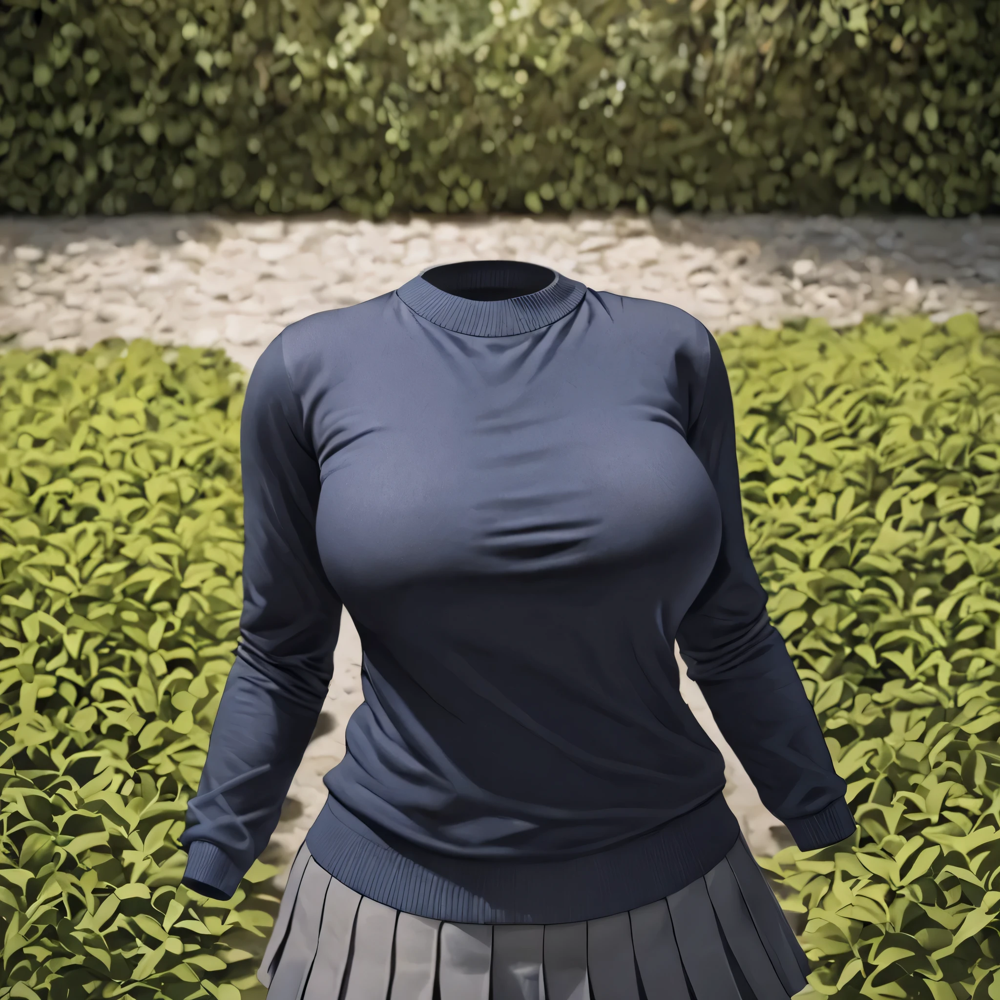 (invisible:1.5, no humans:1.5, headless:1.5, faceless:1.5), (sweater,  school uniform,relaxing in garden:1.2), (big breast), (best quality, masterpiece:1.2), ((detailed cloth texture, detailed anime, super fine illustration)), realistic, photo-realistic