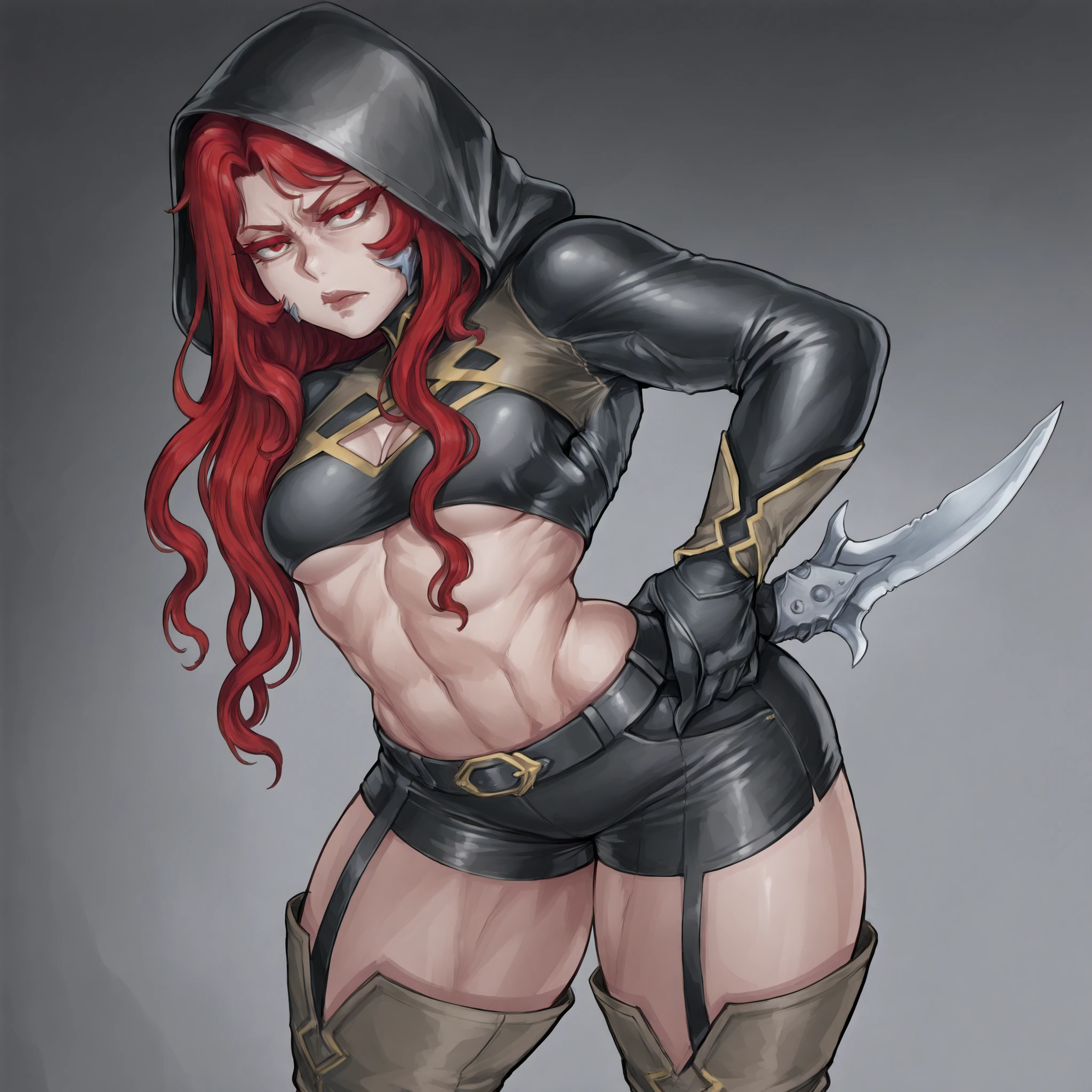 Elegant and dangerous looking woman, Intense red-haired hair, long up to the middle of the back, with slightly wavy locks perfectly combed backwards. white eyelashes, thin and angled. very fair skin, Almost snowy, with no visible imperfections . big eyes, with an almond shape , deep blue , with a fixed and penetrating gaze. marked cheekbones, defined mandible, thin arc-shaped lips.
He wears a black leather hood, fitted at the waist and with a high collar made of dark gray synthetic leather. Below, . Shorts Khaki boots
She wears a straight posture, with his hand in his pocket , a dagger in his hand in a relaxed position, is on guard with annoying expression, Annoying frown, annoyed