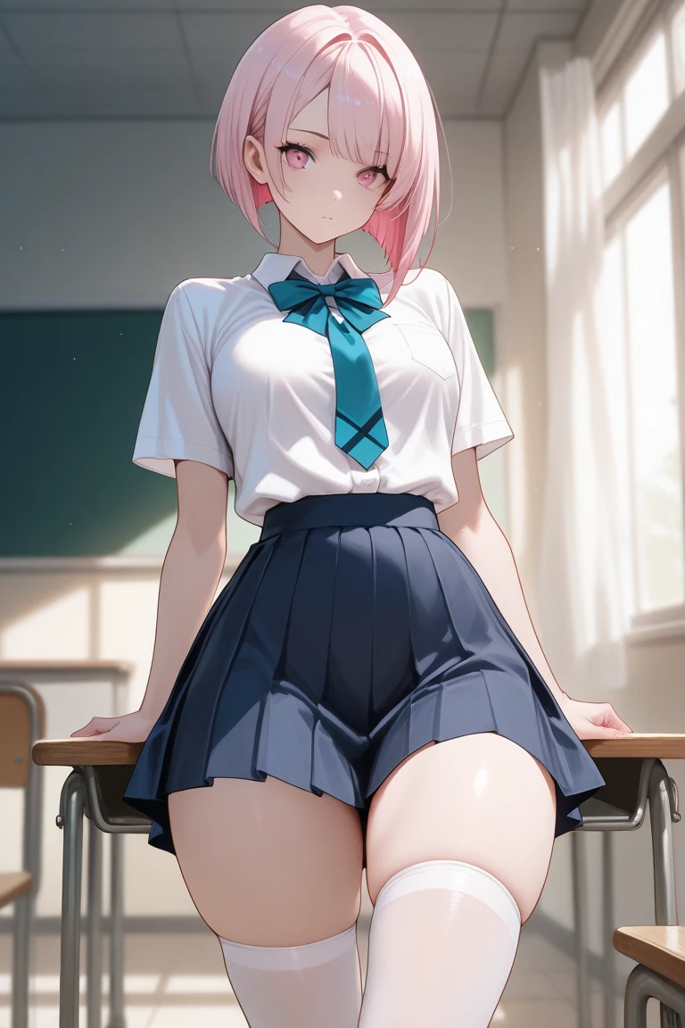 
A beautiful 17-year-old girl with a slender figure、Pink hair in a ponytail、blue eyes、She rolls up her uniform skirt to show her white underwear.、Topless、Blue ribbon、Japanese school girl uniform、、Blue knee-length pleated skirt、Standing in front of the bed in the nurse&#39;s office、Background partitioned with white curtains、、Tears and an embarrassed face、Blushed cheeks、A lovely face with a hint of innocence、Beautiful girl erotic game style、Detailed Description、High resolution、Soft lighting、Realistic texture