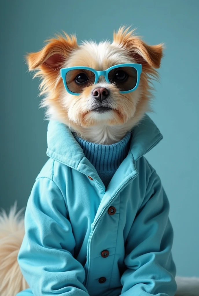 best mobile wallpaper,award - winning wallpaper,Photo photography,Front view of a cute dog,Dressed in mid-1960s space-age fashion,Side view photo,shot with Canon EOS R5,Set a strong contrast to make the subject stand out,Fluorescent blue,Wearing a very modern coat and sunglasses,It's a modern 1960s style,All clothes are one color,Beautiful background