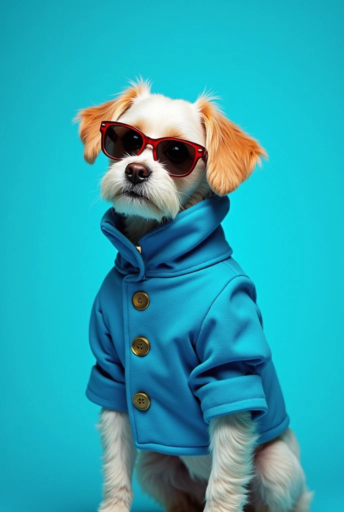 best mobile wallpaper,award - winning wallpaper,Photo photography,Front view of a cute dog,Dressed in mid-1960s space-age fashion,Side view photo,shot with Canon EOS R5,Set a strong contrast to make the subject stand out,Fluorescent blue,Wearing a very modern coat and sunglasses,It's a modern 1960s style,All clothes are one color,Beautiful background