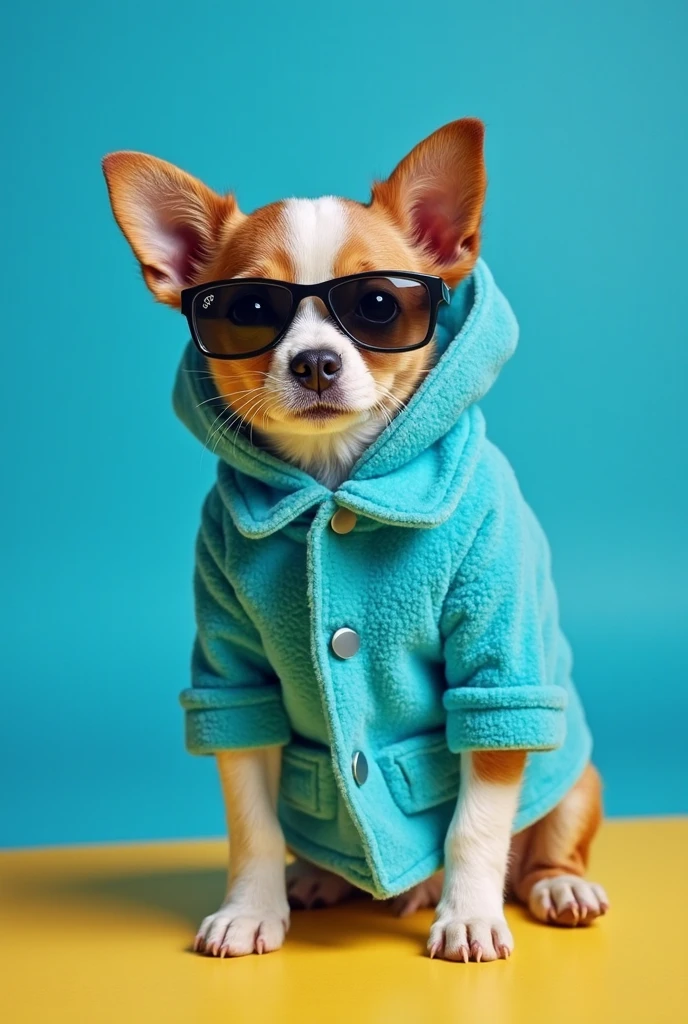 best mobile wallpaper,award - winning wallpaper,Photo photography,Front view of a cute dog,Dressed in mid-1960s space-age fashion,Side view photo,shot with Canon EOS R5,Set a strong contrast to make the subject stand out,Fluorescent blue,Wearing a very modern coat and sunglasses,It's a modern 1960s style,All clothes are one color,Beautiful background