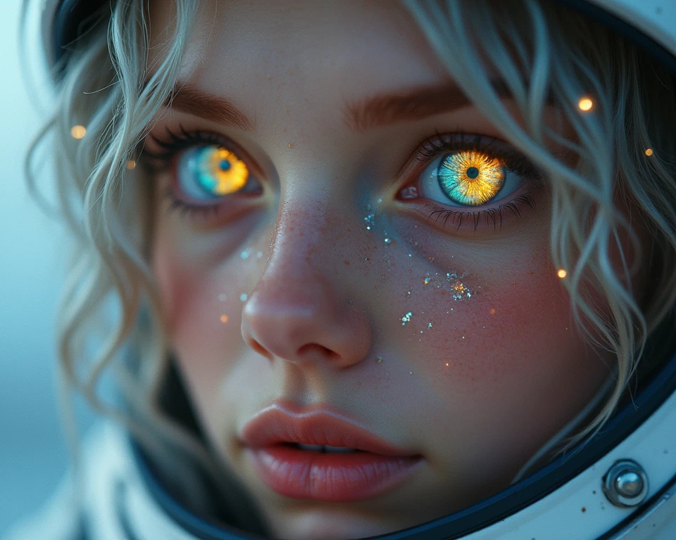 (Close-up of a masterpiece:1.5)0.9]，(Space and astronauts:1.2) (Messy silver hair:1.1) (Heterochromia yellow blue eyes:1.2) (Casque spatial:1.0) (Colorful stars in the eyes:1.0) (Dazzling light:1.1) (Thick lip:0.9)