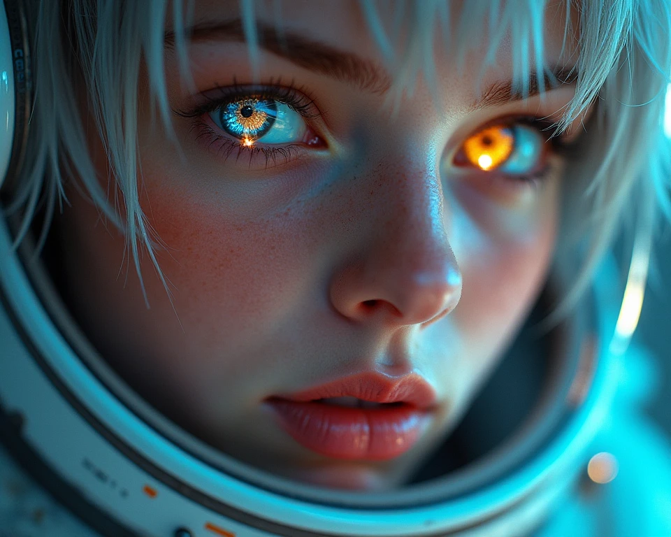 (Close-up of a masterpiece:1.5)0.9]，(Space and astronauts:1.2) (Messy silver hair:1.1) (Heterochromia yellow blue eyes:1.2) (Casque spatial:1.0) (Colorful stars in the eyes:1.0) (Dazzling light:1.1) (Thick lip:0.9)