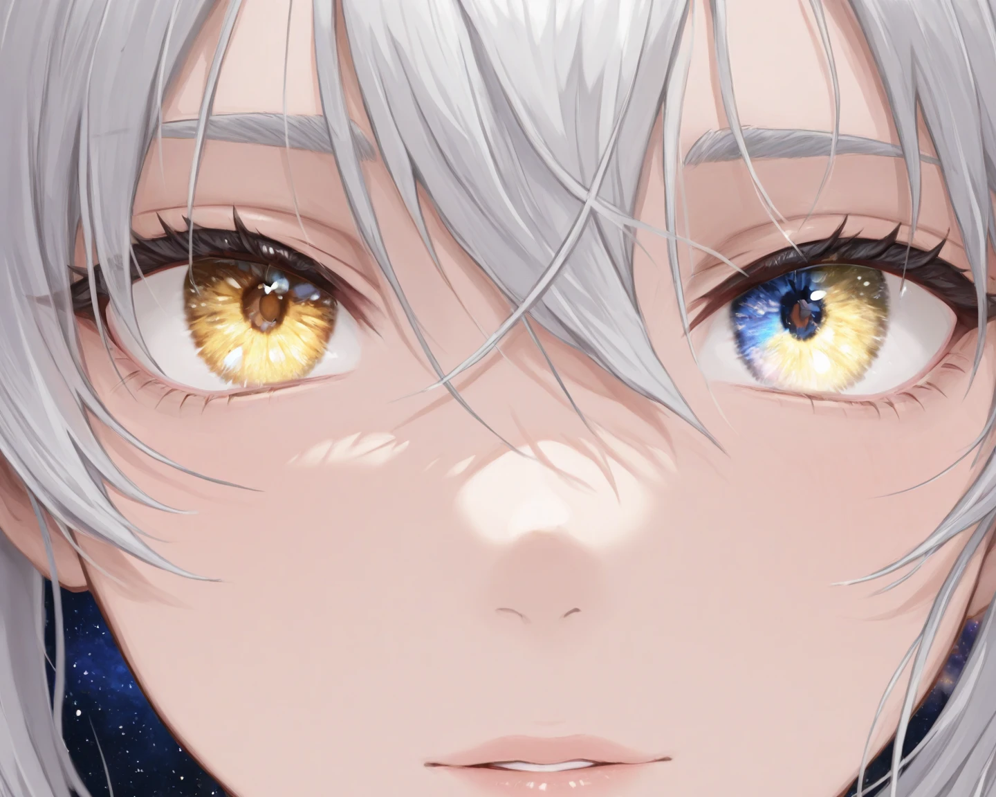 (Close-up of a masterpiece:1.5)0.9]，(Space and astronauts:1.2) (Messy silver hair:1.1) (Heterochromia yellow blue eyes:1.2) (Casque spatial:1.0) (Colorful stars in the eyes:1.0) (Dazzling light:1.1) (Thick lip:0.9)
