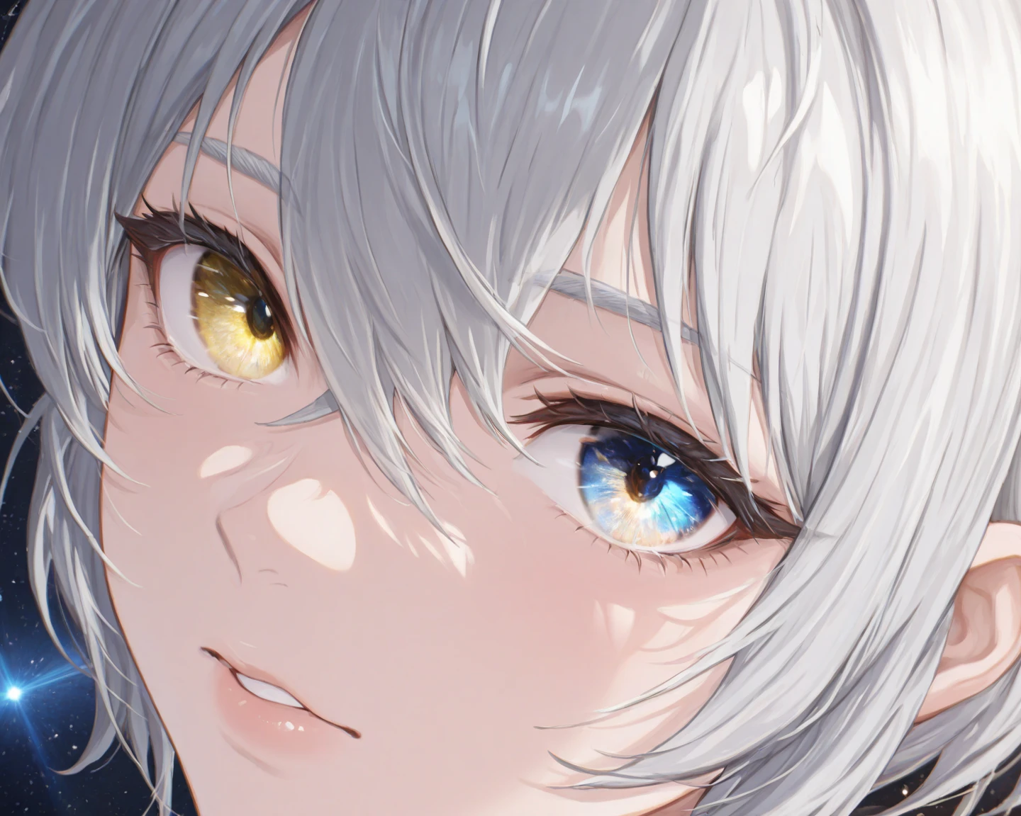 (Close-up of a masterpiece:1.5)0.9]，(Space and astronauts:1.2) (Messy silver hair:1.1) (Heterochromia yellow blue eyes:1.2) (Casque spatial:1.0) (Colorful stars in the eyes:1.0) (Dazzling light:1.1) (Thick lip:0.9)