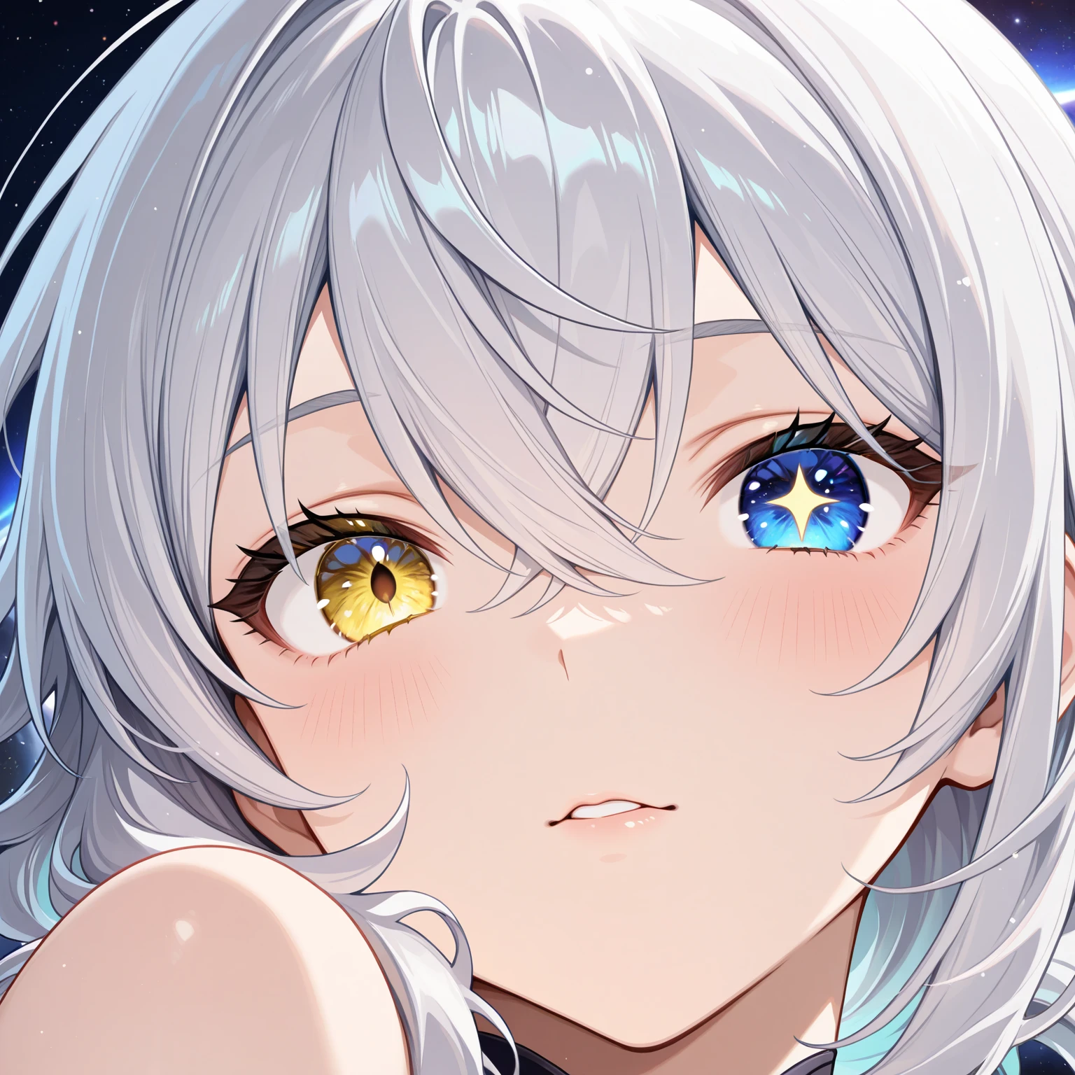 (Close-up of a masterpiece:1.5)0.9]，(Space and astronauts:1.2) (Messy silver hair:1.1) (Heterochromia yellow blue eyes:1.2) (Casque spatial:1.0) (Colorful stars in the eyes:1.0) (Dazzling light:1.1) (Thick lip:0.9)