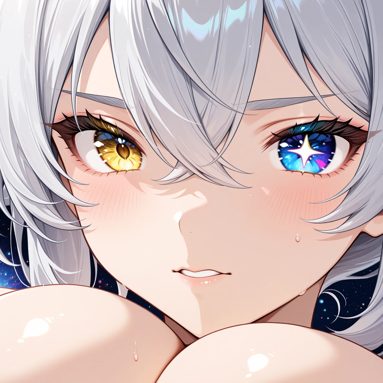 (Close-up of a masterpiece:1.5)0.9]，(Space and astronauts:1.2) (Messy silver hair:1.1) (Heterochromia yellow blue eyes:1.2) (Casque spatial:1.0) (Colorful stars in the eyes:1.0) (Dazzling light:1.1) (Thick lip:0.9)