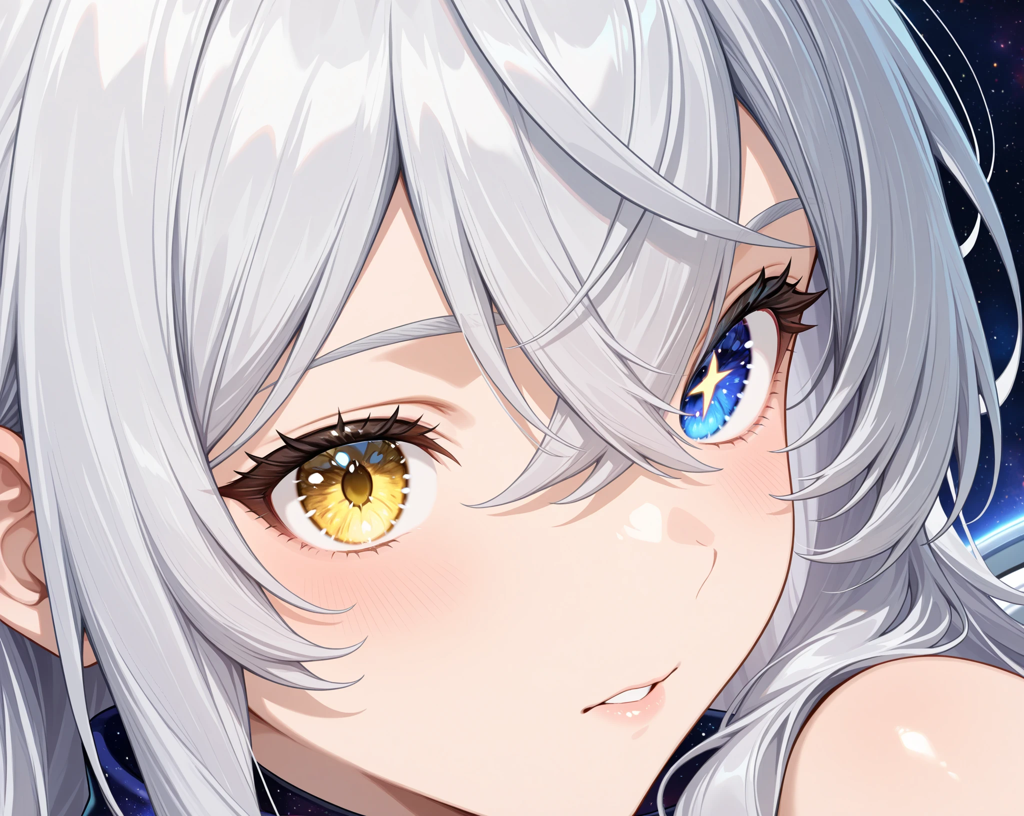 (Close-up of a masterpiece:1.5)0.9]，(Space and astronauts:1.2) (Messy silver hair:1.1) (Heterochromia yellow blue eyes:1.2) (Casque spatial:1.0) (Colorful stars in the eyes:1.0) (Dazzling light:1.1) (Thick lip:0.9)