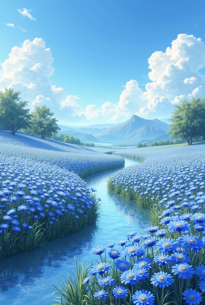 A stunning cornflower-themed artwork,A blue pastoral scenery is carefully created。The picture shows a large field of cornflowers in full bloom,The colors are bright and eye-catching,Elegant layout。The flowers are clustered in the soft and warm sunshine,Create a peaceful and serene atmosphere。A few white clouds floating in the sky,Adds to the hereal feeling of the picture。There is a winding stream in the foreground,The clear water reflects the beauty of the sky and flowers。The overall color tone is mainly blue,With just the right amount of green and,Create a charming natural atmosphere。这是一幅professinal水准的数字绘画作品,细节丰富Realistic,Colorful and moving,It makes you feel like you are in this peaceful flower field。high quality,4K,8K,high resolution,A masterpice,Extreme Details,photorealestic,Realistic,HDR,UHD,professinal级灯光,Ultimate painting,High definition,Physically Based Rendering,Extreme Details呈现,professinal,Color saturation,Depth of field blur