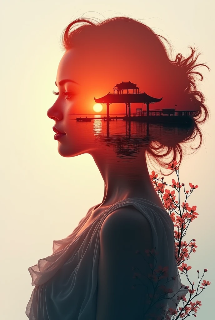 high quality,8k ultra high definition,美丽的Doubleexposure,Combining the silhouette of the goddess with the sunset coast, sunset coast should be used as the bottom background,Details are integrated into the silhouette of the goddess,Clear lines,The background is a monochromatic ,Focus sharp,Doubleexposure,Created by yukisakura,Gorgeous full color