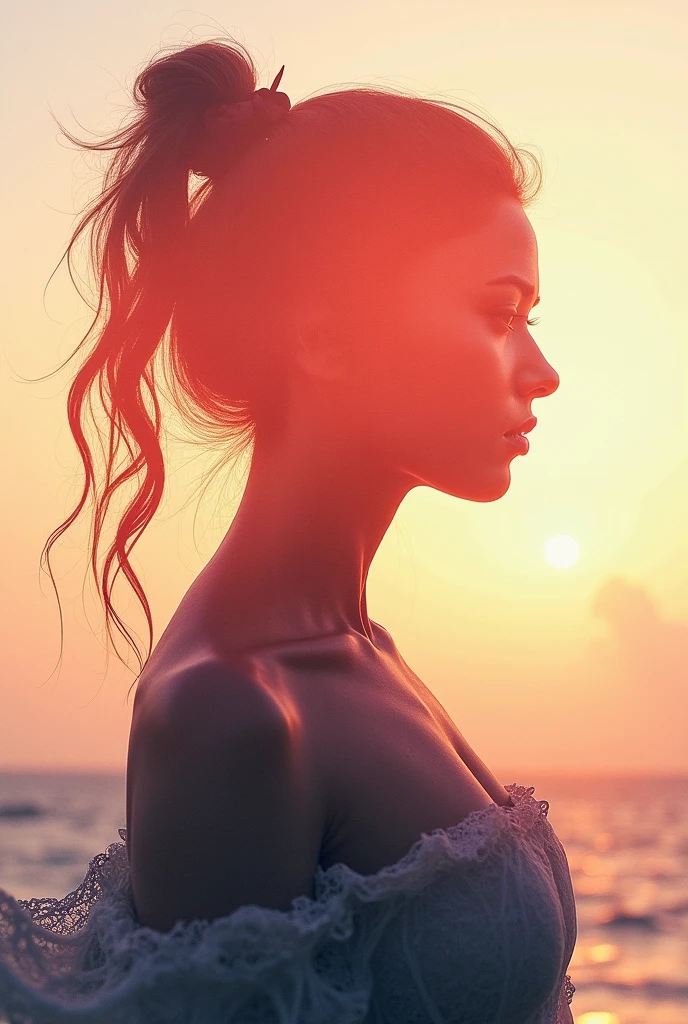 high quality,8k ultra high definition,美丽的Doubleexposure,Combining the silhouette of the goddess with the sunset coast, sunset coast should be used as the bottom background,Details are integrated into the silhouette of the goddess,Clear lines,The background is a monochromatic ,Focus sharp,Doubleexposure,Created by yukisakura,Gorgeous full color