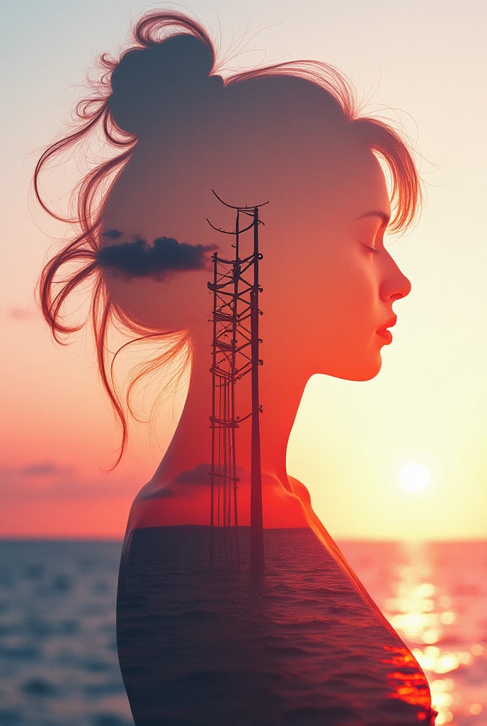 high quality,8k ultra high definition,美丽的Doubleexposure,Combining the silhouette of the goddess with the sunset coast, sunset coast should be used as the bottom background,Details are integrated into the silhouette of the goddess,Clear lines,The background is a monochromatic ,Focus sharp,Doubleexposure,Created by yukisakura,Gorgeous full color