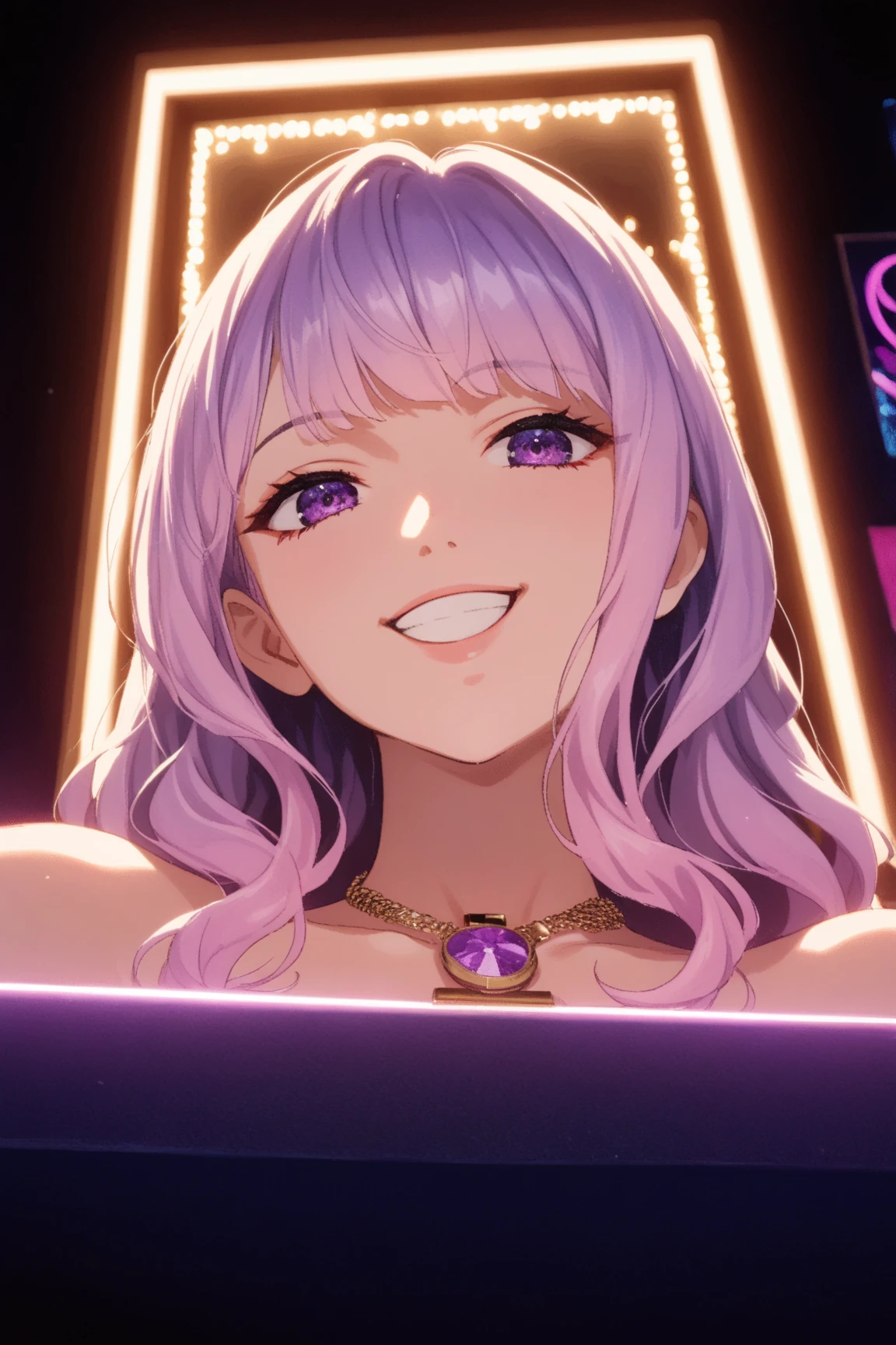 score_9, score_8_Upp, score_7_Upp, best quality, masterpiece, animated screenshot, anime coloring, nikki1, long hair, pink purple gradient hair, Purple eyes, By bangs, alone, Disco, , Frontal photo, Crack , Tilt forward, , Night, 一只手放在头发Upp, upper legs, watch the audience, upper legs间隙, Smile , , The light from the back window is backlighted, lend a hand to the audience {x}, from below, Underwear photos, Nightclub, neonlight, Smile
