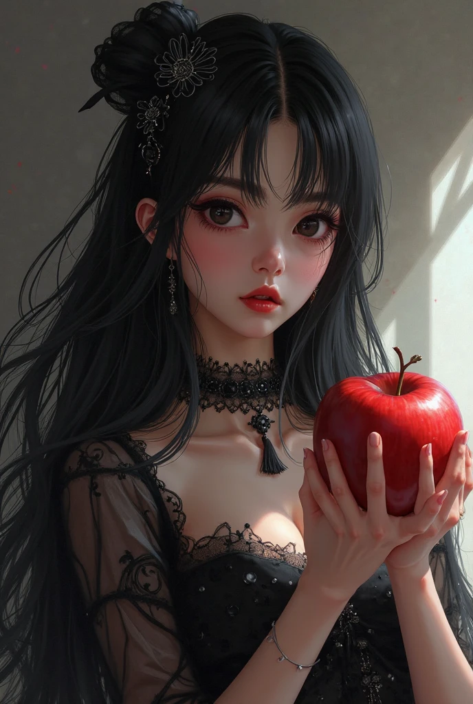 ((RAW photos),Absurd ,(Absurd 分辨率)),masterpiece,Best quality,(extremely detailed 8k unity CG wallpaper),(Most Best Illustration),(BEST SHADOW),Realistic lighting,Beautiful and detailed brilliance ,((21yo)),girl,longblackhair,Black Queen,accessories,Hold an apple,Poison apples,Witch Queen,red lipsticks,(((Her photography perspective)))