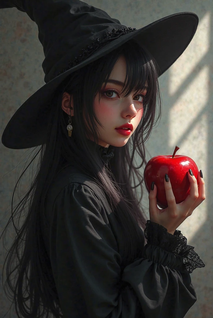 ((RAW photos),Absurd ,(Absurd 分辨率)),masterpiece,Best quality,(extremely detailed 8k unity CG wallpaper),(Most Best Illustration),(BEST SHADOW),Realistic lighting,Beautiful and detailed brilliance ,((21yo)),girl,longblackhair,Black Queen,accessories,Hold an apple,Poison apples,Witch Queen,red lipsticks,(((Her photography perspective)))
