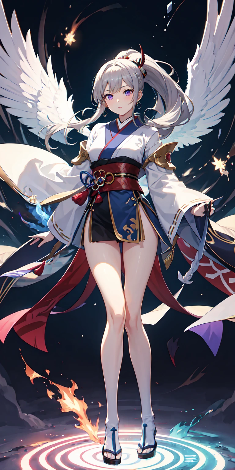 1girl, japanses clothes, ponytail ,gray hair, Purple eyes, Magical Circle , Blue flame, Blue flame, the wallpaper, The landscape, bloods, bloods splatter, Depth of field , Night, light particules, llight rays, Sideslit, upper legs, fate \(series\), genshin impact, ****, open jacket, dress, over knee socks, clouds