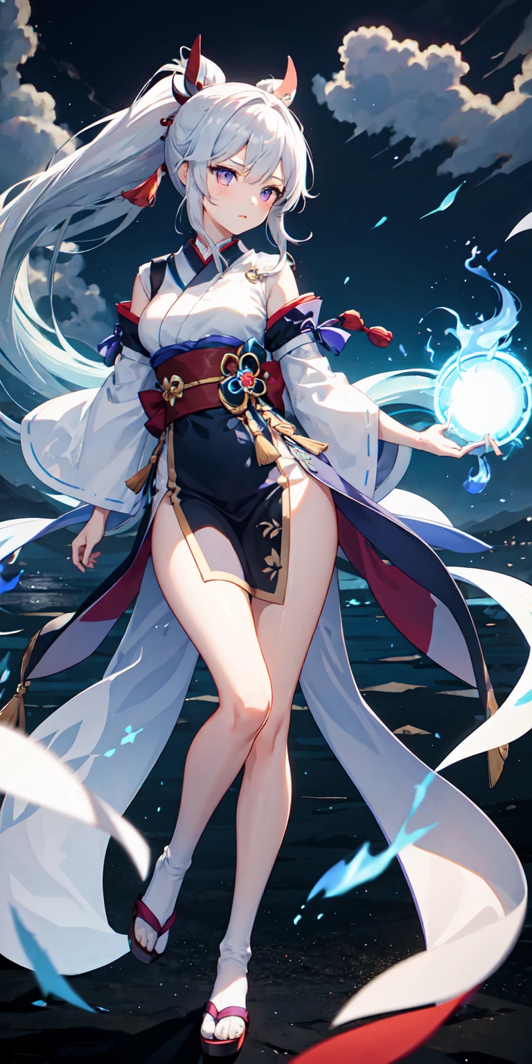 1girl, japanses clothes, ponytail ,gray hair, Purple eyes, Magical Circle , Blue flame, Blue flame, the wallpaper, The landscape, bloods, bloods splatter, Depth of field , Night, light particules, llight rays, Sideslit, upper legs, fate \(series\), genshin impact, ****, open jacket, dress, over knee socks, clouds