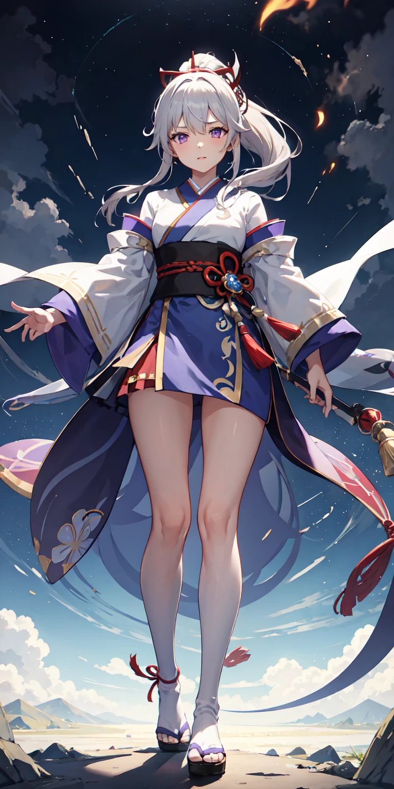 1girl, japanses clothes, ponytail ,gray hair, Purple eyes, Magical Circle , Blue flame, Blue flame, the wallpaper, The landscape, bloods, bloods splatter, Depth of field , Night, light particules, llight rays, Sideslit, upper legs, fate \(series\), genshin impact, ****, open jacket, dress, over knee socks, clouds