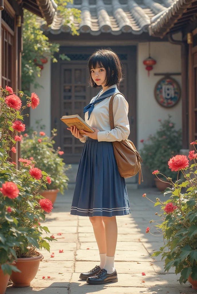 The picture style is delicate and realistic,focusing on color matching and lighting effects。The subject is a Style young female student,with short dark black hair,fair skin,Beautiful face,Dressed in a blue and white schoolgirl costume,White top,Blue skirt,with black cloth shoes。She is standing in an ancient Chinese courtyard,in the courtyard,with red moonflowers blooming on the side,she is carrying a brown cloth bag,holding a book in her hand The yellowed wire-bound book,Focused eyes,Seems like thinking。picture with warm colors,creates a retro、literary and artistic atmosphere。On the composition,The character is located in the center of the frame,The surrounding courtyard elements play a role in embellishing the characters,highlights the character's temperament and historical background。