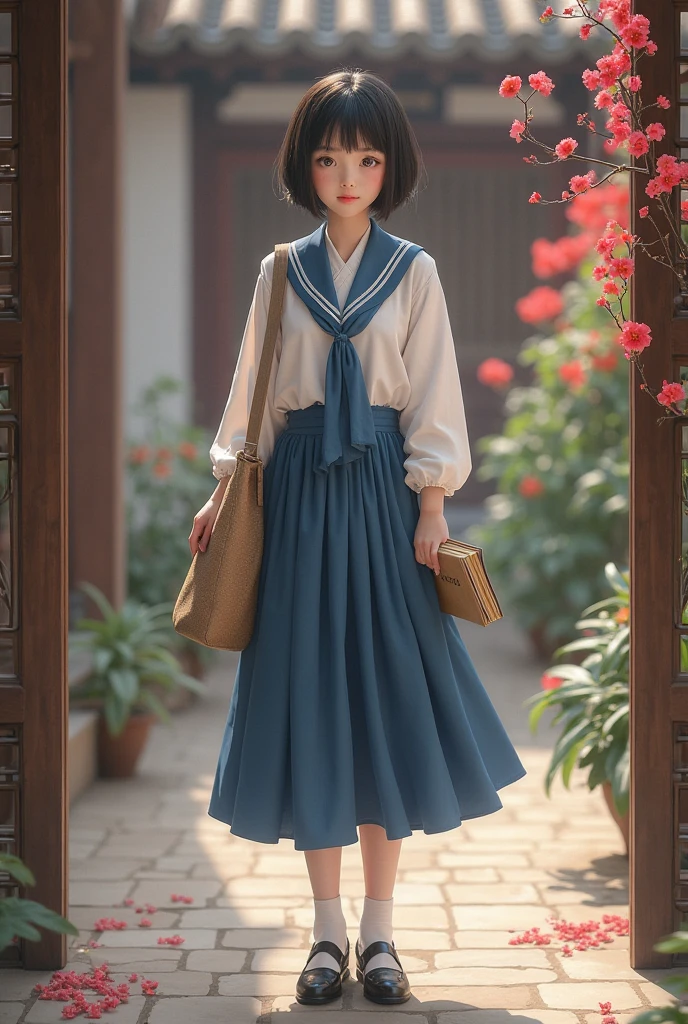 The picture style is delicate and realistic,focusing on color matching and lighting effects。The subject is a Style young female student,with short dark black hair,fair skin,Beautiful face,Dressed in a blue and white schoolgirl costume,White top,Blue skirt,with black cloth shoes。She is standing in an ancient Chinese courtyard,in the courtyard,with red moonflowers blooming on the side,she is carrying a brown cloth bag,holding a book in her hand The yellowed wire-bound book,Focused eyes,Seems like thinking。picture with warm colors,creates a retro、literary and artistic atmosphere。On the composition,The character is located in the center of the frame,The surrounding courtyard elements play a role in embellishing the characters,highlights the character's temperament and historical background。