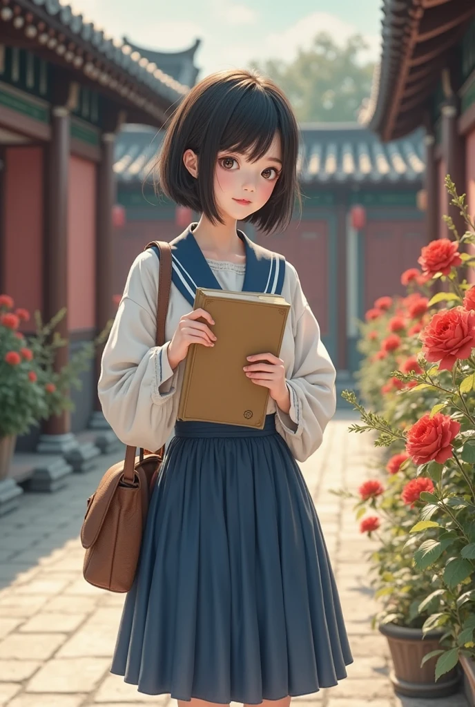 The picture style is delicate and realistic,focusing on color matching and lighting effects。The subject is a Style young female student,with short dark black hair,fair skin,Beautiful face,Dressed in a blue and white schoolgirl costume,White top,Blue skirt,with black cloth shoes。She is standing in an ancient Chinese courtyard,in the courtyard,with red moonflowers blooming on the side,she is carrying a brown cloth bag,holding a book in her hand The yellowed wire-bound book,Focused eyes,Seems like thinking。picture with warm colors,creates a retro、literary and artistic atmosphere。On the composition,The character is located in the center of the frame,The surrounding courtyard elements play a role in embellishing the characters,highlights the character's temperament and historical background。