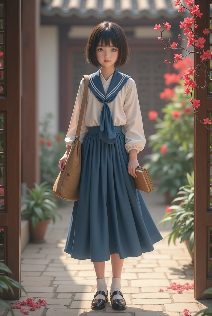 The picture style is delicate and realistic,focusing on color matching and lighting effects。The subject is a Style young female student,with short dark black hair,fair skin,Beautiful face,Dressed in a blue and white schoolgirl costume,White top,Blue skirt,with black cloth shoes。She is standing in an ancient Chinese courtyard,in the courtyard,with red moonflowers blooming on the side,she is carrying a brown cloth bag,holding a book in her hand The yellowed wire-bound book,Focused eyes,Seems like thinking。picture with warm colors,creates a retro、literary and artistic atmosphere。On the composition,The character is located in the center of the frame,The surrounding courtyard elements play a role in embellishing the characters,highlights the character's temperament and historical background。left hand position,Try to fix an exception when adjusting。