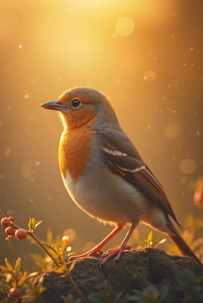 A charming close-up portrait，Showing a beautiful bird，Illuminated by soft golden light on a quiet morning，The bokeh ball gently frames its petite body