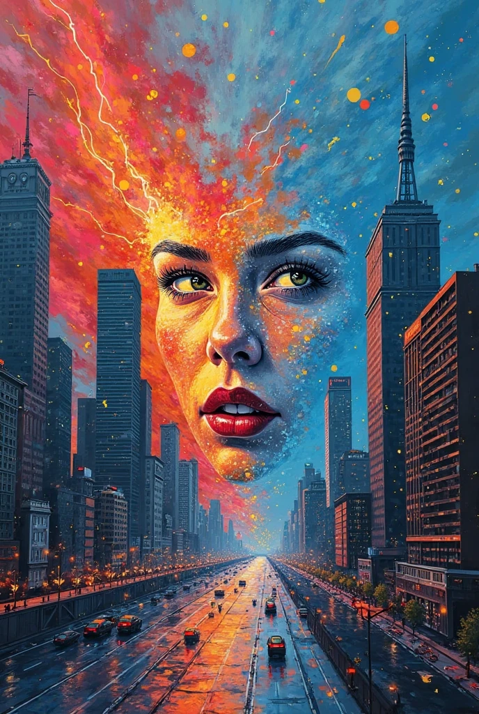 Abstract face in a city landscape, A realistic painting by Mark English (Mark English) 的一幅写实画作 , [:anime line art:0.2], Um ser celestial、thermography、lightning bolt、Water theme, Epic splash art ,  Auto Destruction Art , , Abstract