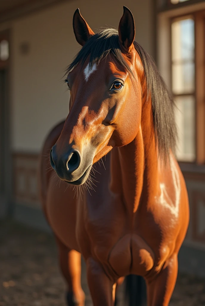 Cancel the extra horse legs,Realistic portrait of a horse,Create realistic effects through professional lighting and color matching,Horse standing in a warm and bright indoor environment,The background is hazy,Focus on horse head details,Horse eyes focus on calm,Dynamic natural limbs,Rich in texture,4k高清,realistic oil painting texture,Extreme Details,Professional artificial intelligence painting