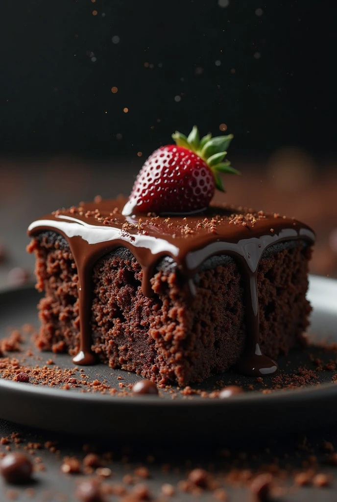 cinematic still-frame chocolate, chocolate cake ,deep dark background,High quality photos,Wet texture,Icing ,studio photo,slice,shallowdepthoffield,Vignette,Very meticulous,High budget,Bokeh, widescreen,gloomily,epic,opulent,cinematic grain,grain sense