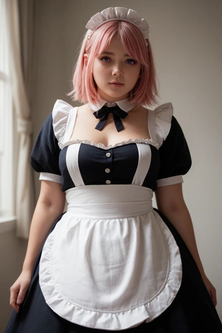 Rating 9,rating 8 or higher,rating 7 or higher,Source anime,masterpiece,high quality,high resolution,boobgasm,Plump body,Jeda style,Vivid Colors,CivChan,Purple eyes,Pink hair,the maid outfit, dynamic pose ,sobu