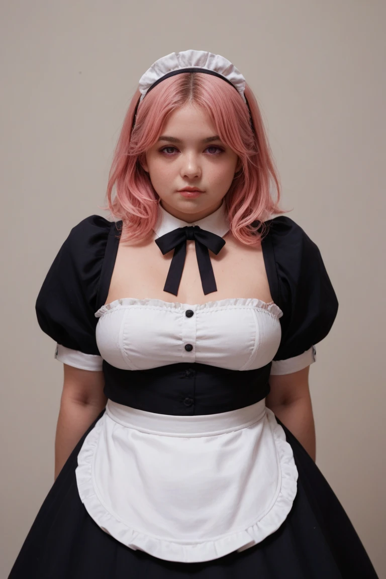 Rating 9,rating 8 or higher,rating 7 or higher,Source anime,masterpiece,high quality,high resolution,boobgasm,Plump body,Jeda style,Vivid Colors,CivChan,Purple eyes,Pink hair,the maid outfit, dynamic pose ,sobu