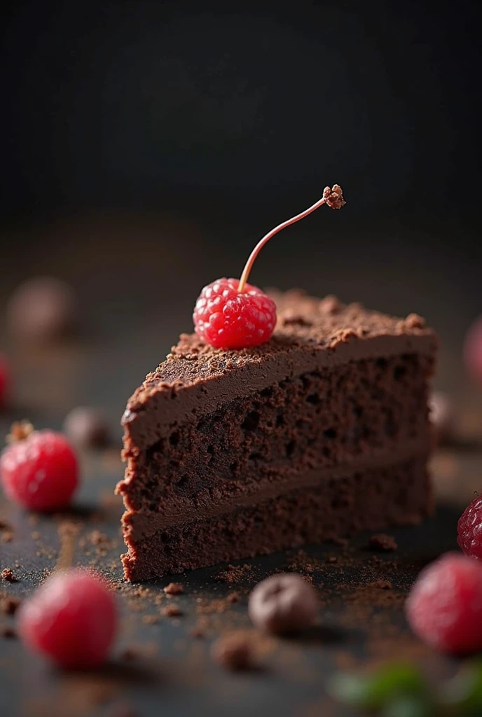 cinematic still-frame chocolate, chocolate cake ,deep dark background,High quality photos,Wet texture,Icing ,studio photo,slice,shallowdepthoffield,Vignette,Very meticulous,High budget,Bokeh, widescreen,gloomily,epic,opulent,cinematic grain,grain sense