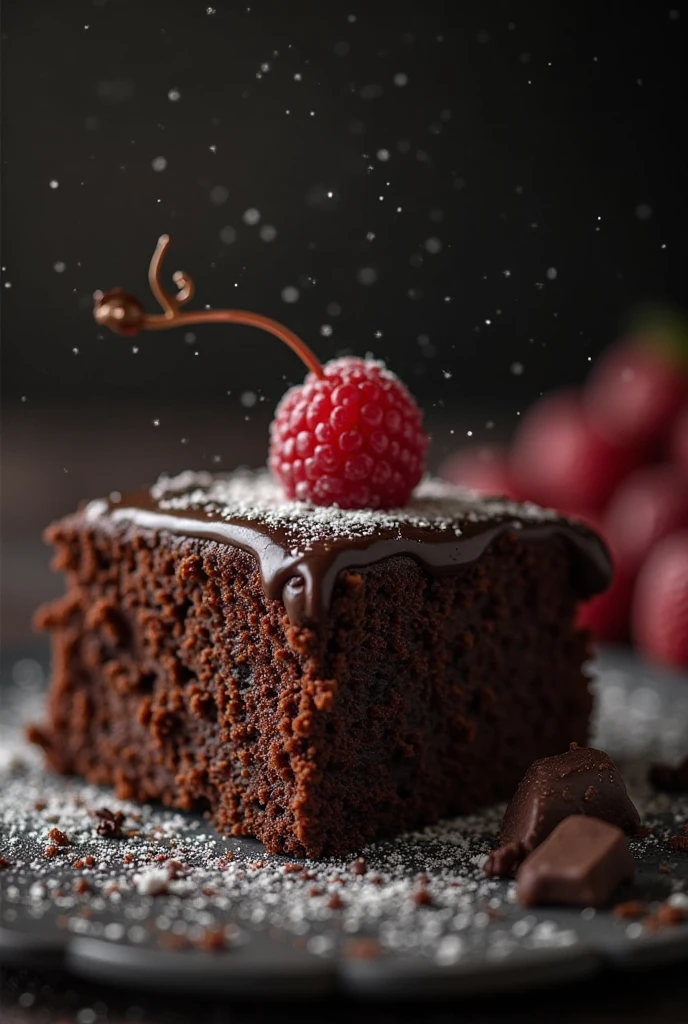 cinematic still-frame chocolate, chocolate cake ,deep dark background,High quality photos,Wet texture,Icing ,studio photo,slice,shallowdepthoffield,Vignette,Very meticulous,High budget,Bokeh, widescreen,gloomily,epic,opulent,cinematic grain,grain sense