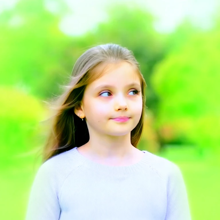 1girl standing still in a quiet park, slight breeze moving her hair. She blinks gently and looks around calmly. Soft lighting, natural colors, peaceful atmosphere.